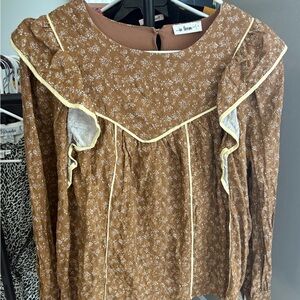 In Loom Brown Ruffled Long Sleeve Bib Collar Blouse